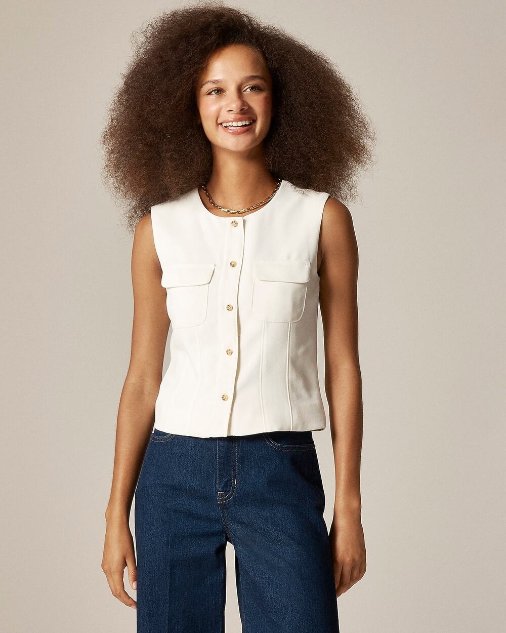 J. Crew Women's Crewneck Button-Up Vest Knitted in City Crepe Ivory Size 00 NWT